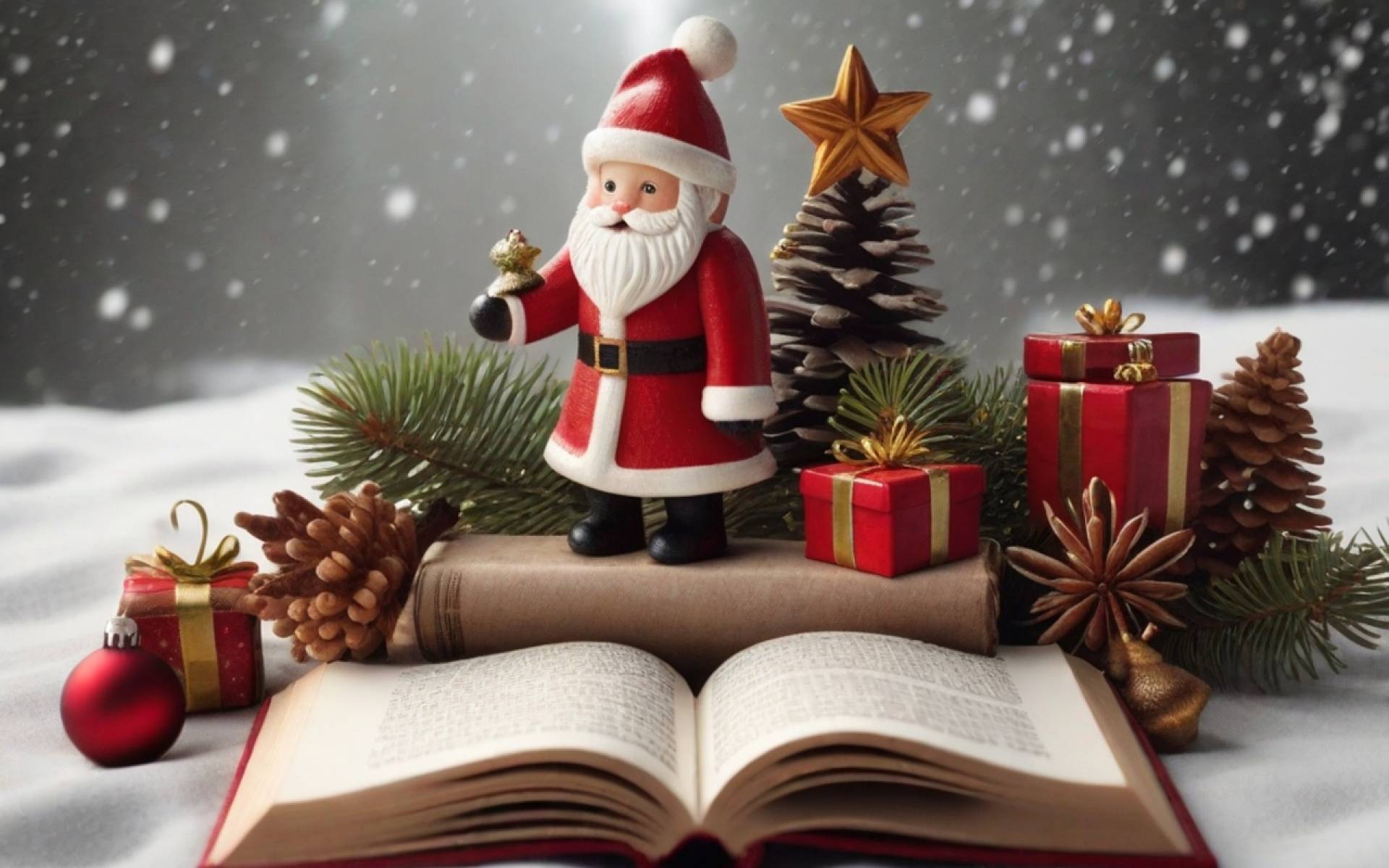Weihnachtliches Bild mit Buch und Weihnachtsmann
