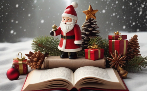 Weihnachtliches Bild mit Buch und Weihnachtsmann